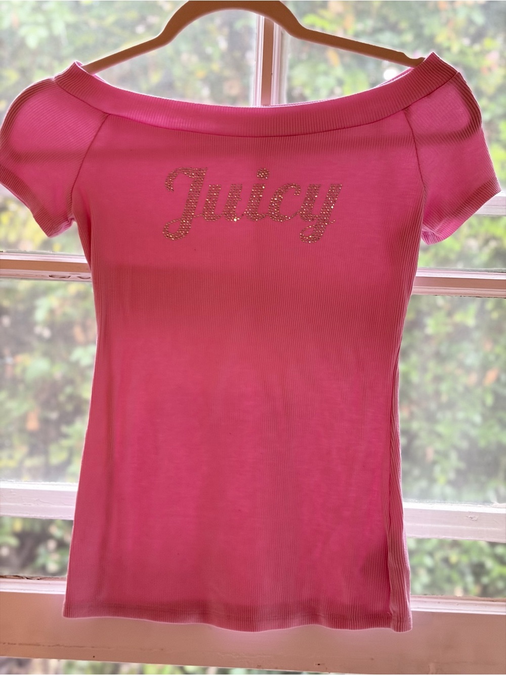 Vintage Y2K Juicy Couture Pink Off-Shoulder Ribbed Tee with Crystal Logo